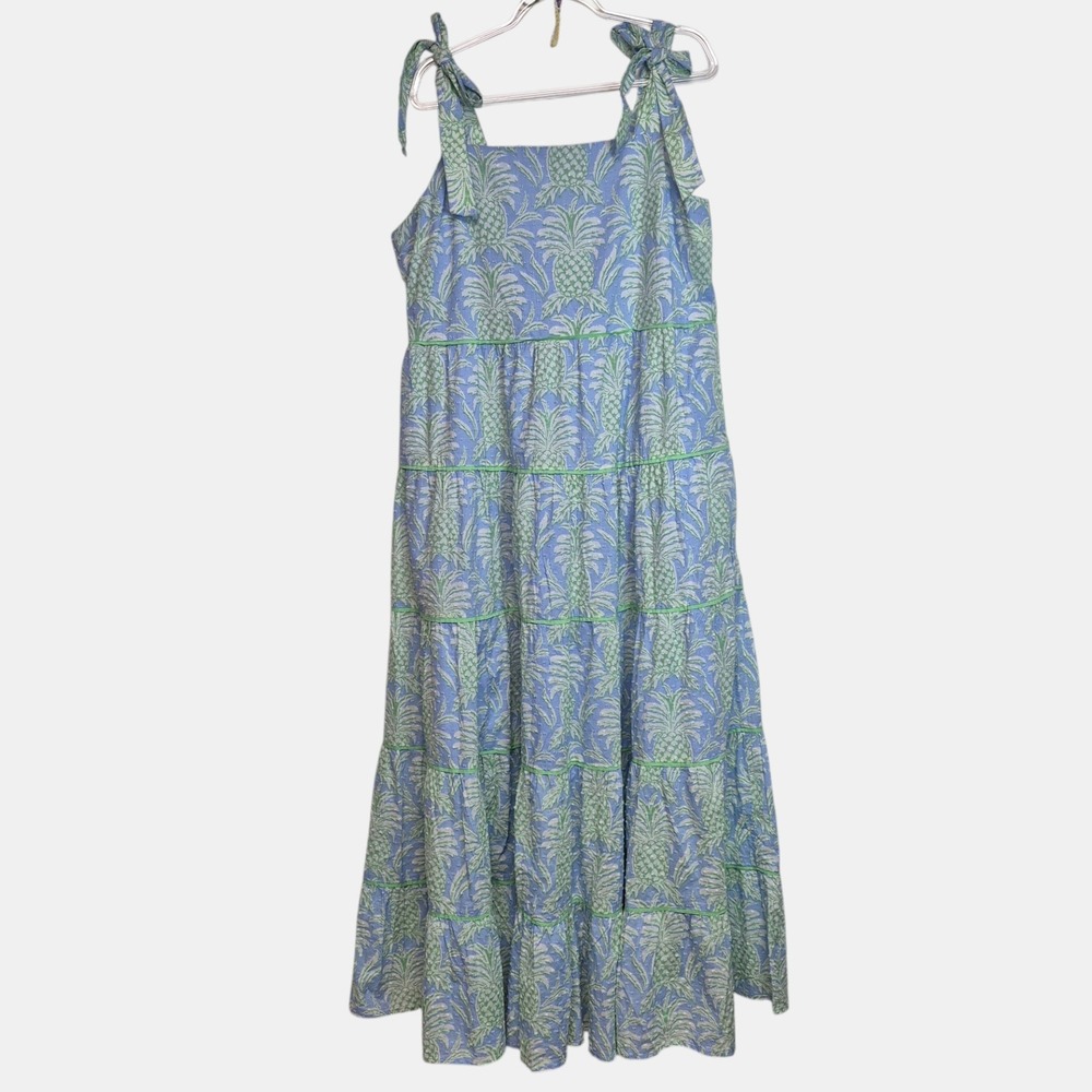 Crown & Ivy Blue Pineapple Clip Dot Tiered Maxi Dress with Pockets Tie Shoulder